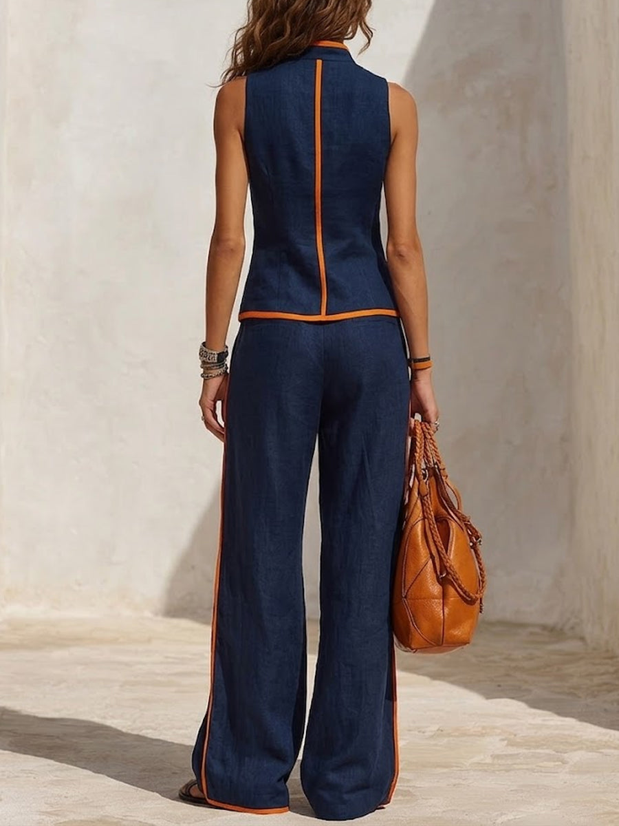 Women's Navy With Orange Trim Linen Sleeveless Set