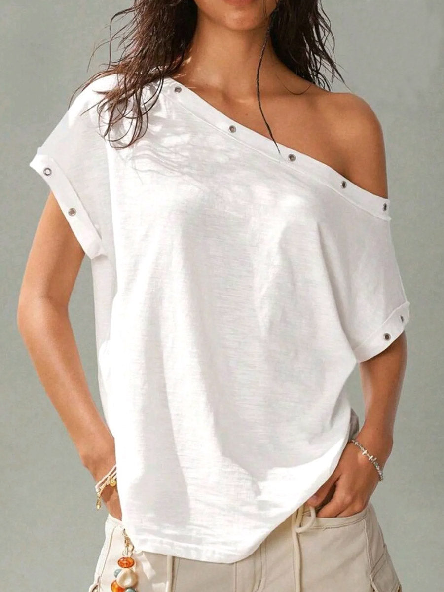 Women's Solid Color Asymmetric Neck Short-sleeve Casual Loose Cotton Top