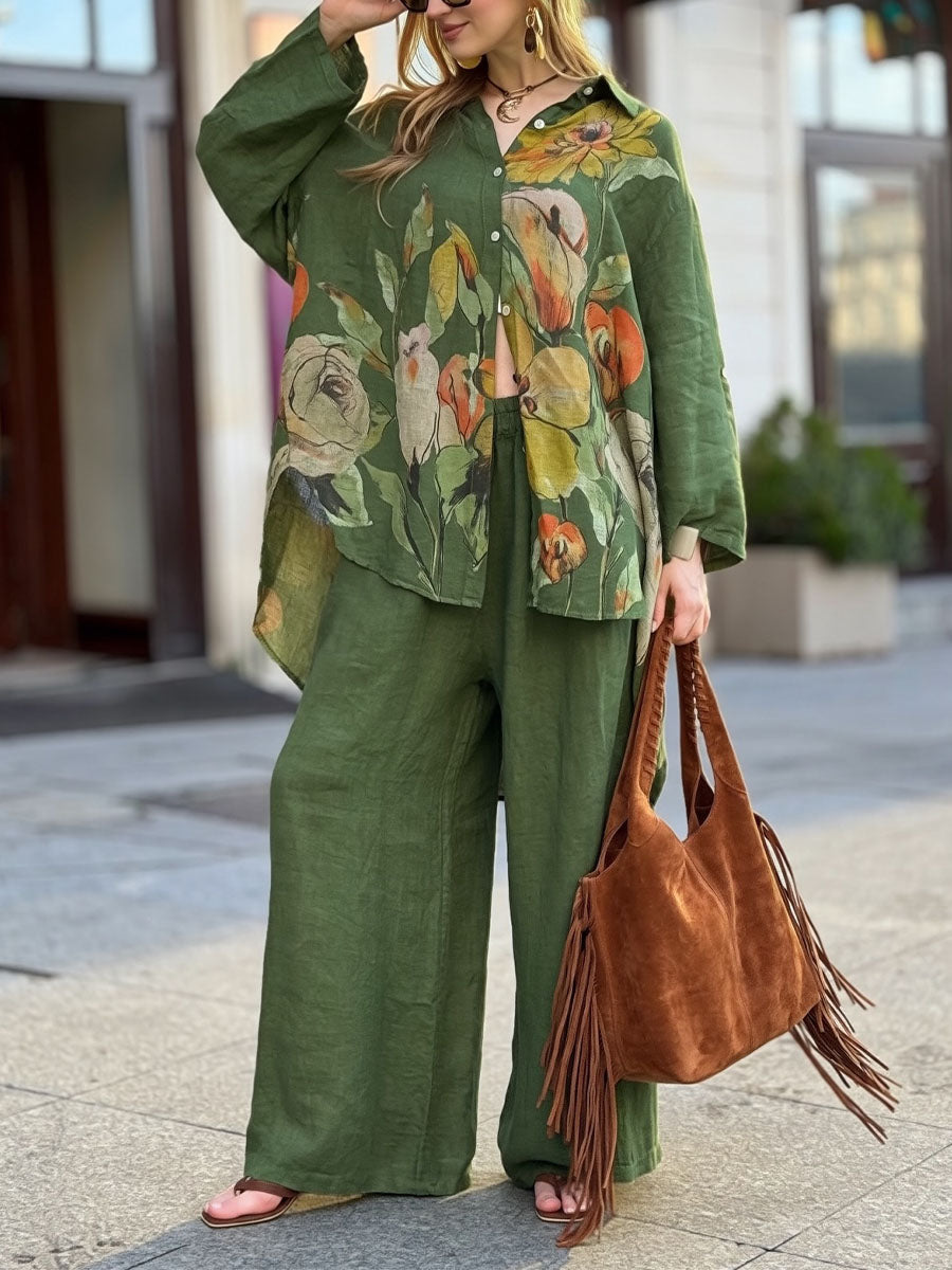 Two-piece Set Featuring A Loose, Casual Printed Linen-cotton Shirt And Solid-colored Trousers.