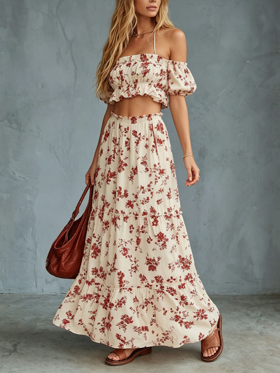 Women's Printed Off-white Short-sleeve Mesh Top With Tie Waist And Long Skirt Set