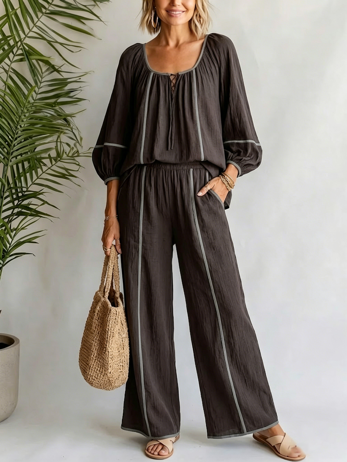 Dark Grey Contrast Piping Square Neck Bubble Sleeve & High Waist Wide Leg Pants Set