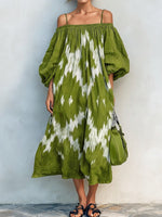 Bohemian Artistic Print Linen And Cotton Strappy Dress