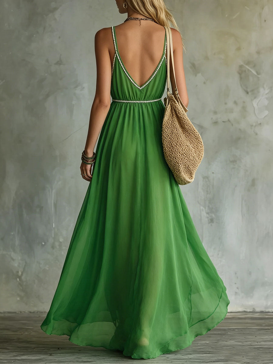 Women's Casual V-Neck Sleeveless A-Line Dress — Solid Color Chiffon Maxi Dress