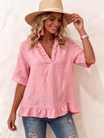 Ruffled V-neck Cotton-linen Top