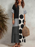Loose-fitting Cotton Short-sleeve Dress Featuring Color-blocking, Polka Dots, And Stripes.