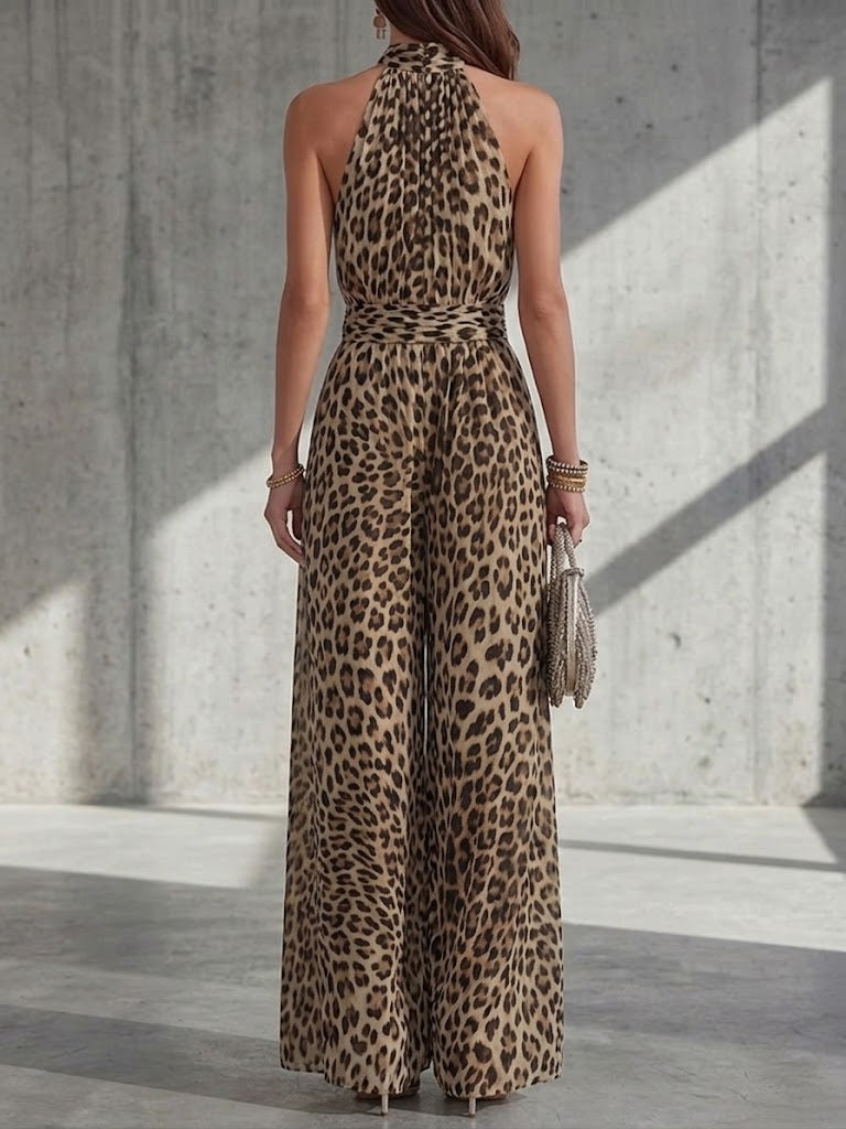 Women's Leopard Print Halter Neck Cinched Waist Wide-leg Jumpsuit