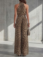 Women's Leopard Print Halter Neck Cinched Waist Wide-leg Jumpsuit