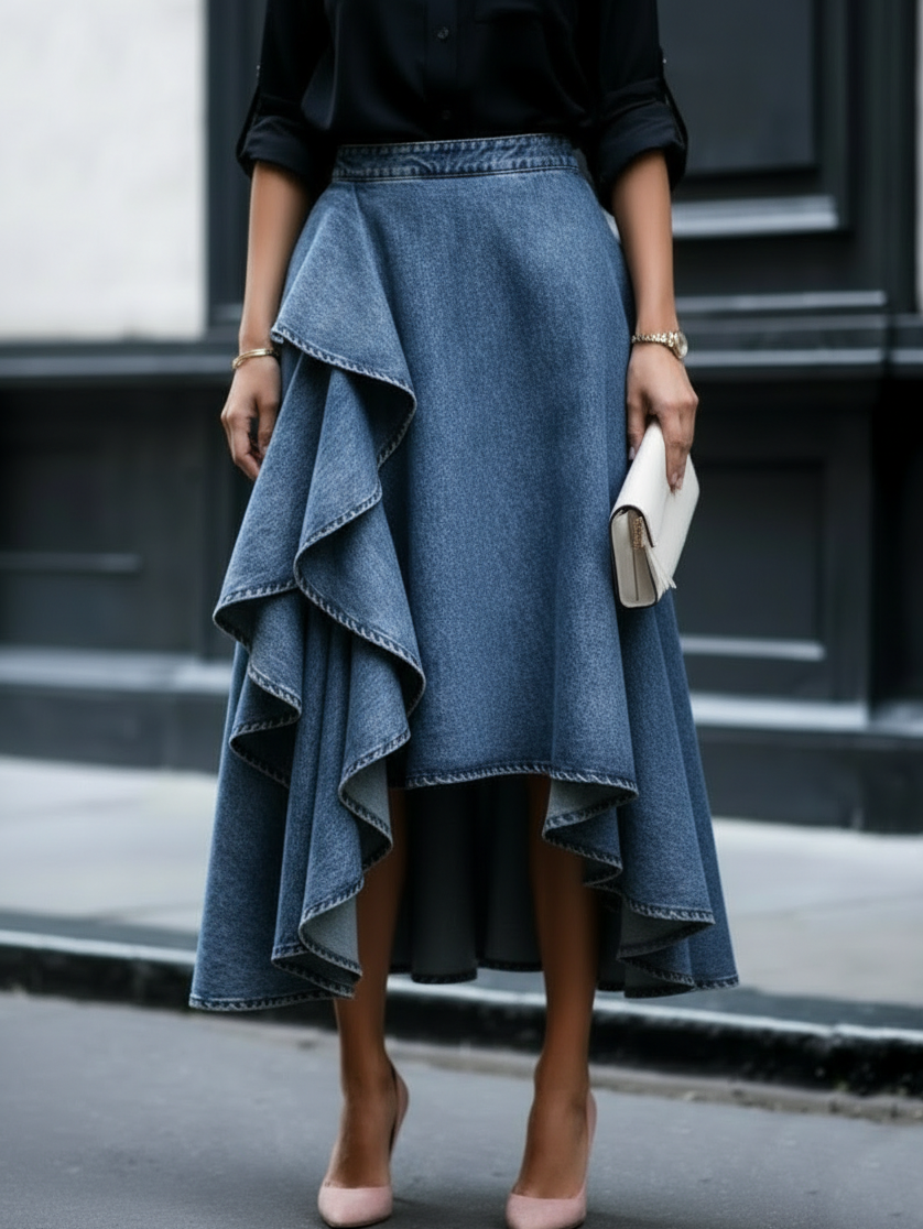 Elegante gonna in denim a più strati con volant