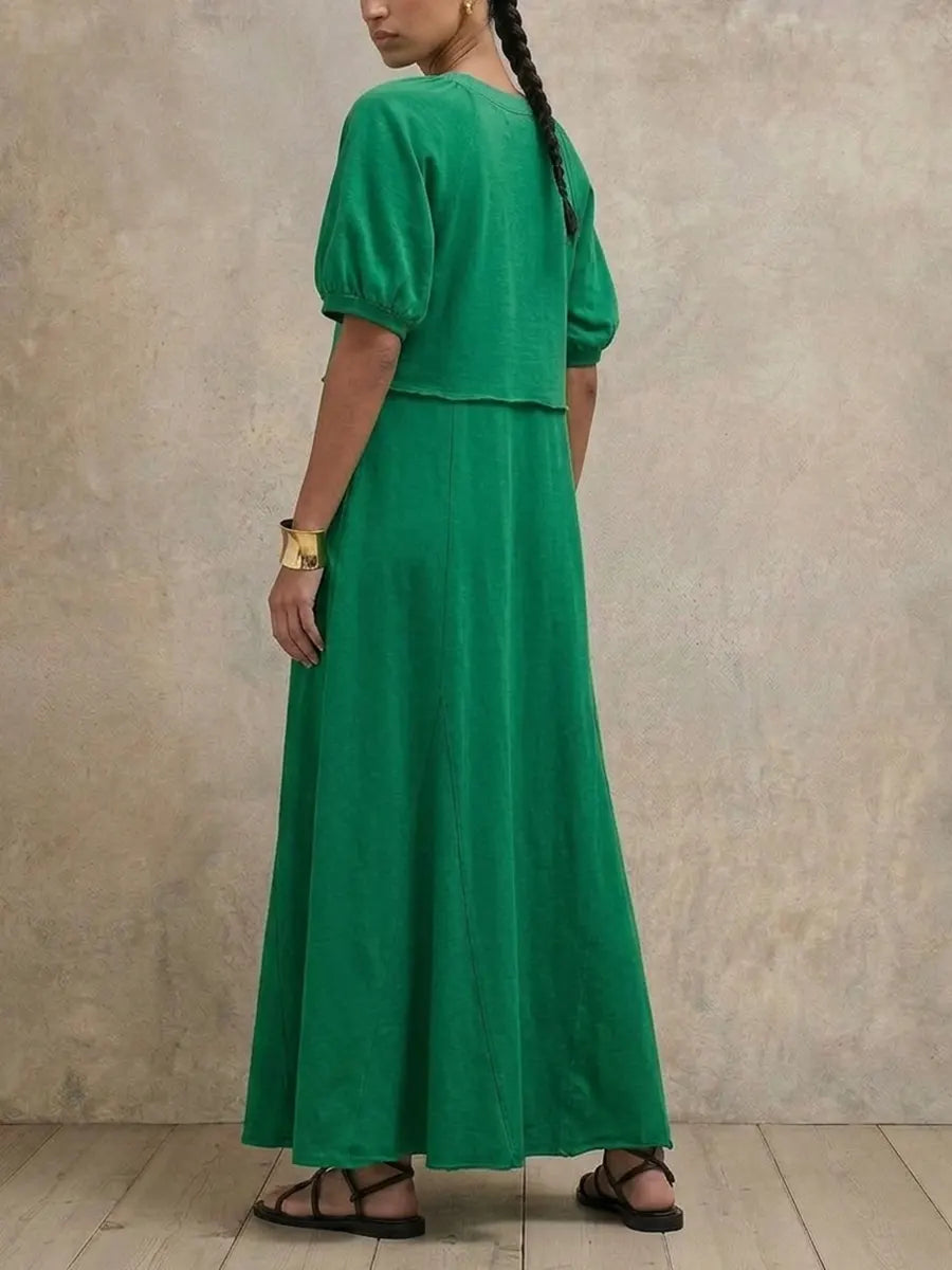 Relax Fit Bubble Short Sleeve Midi Maxi Dress, Solid Color Raglan Sleeve A-line Swing Casual Summer Dress