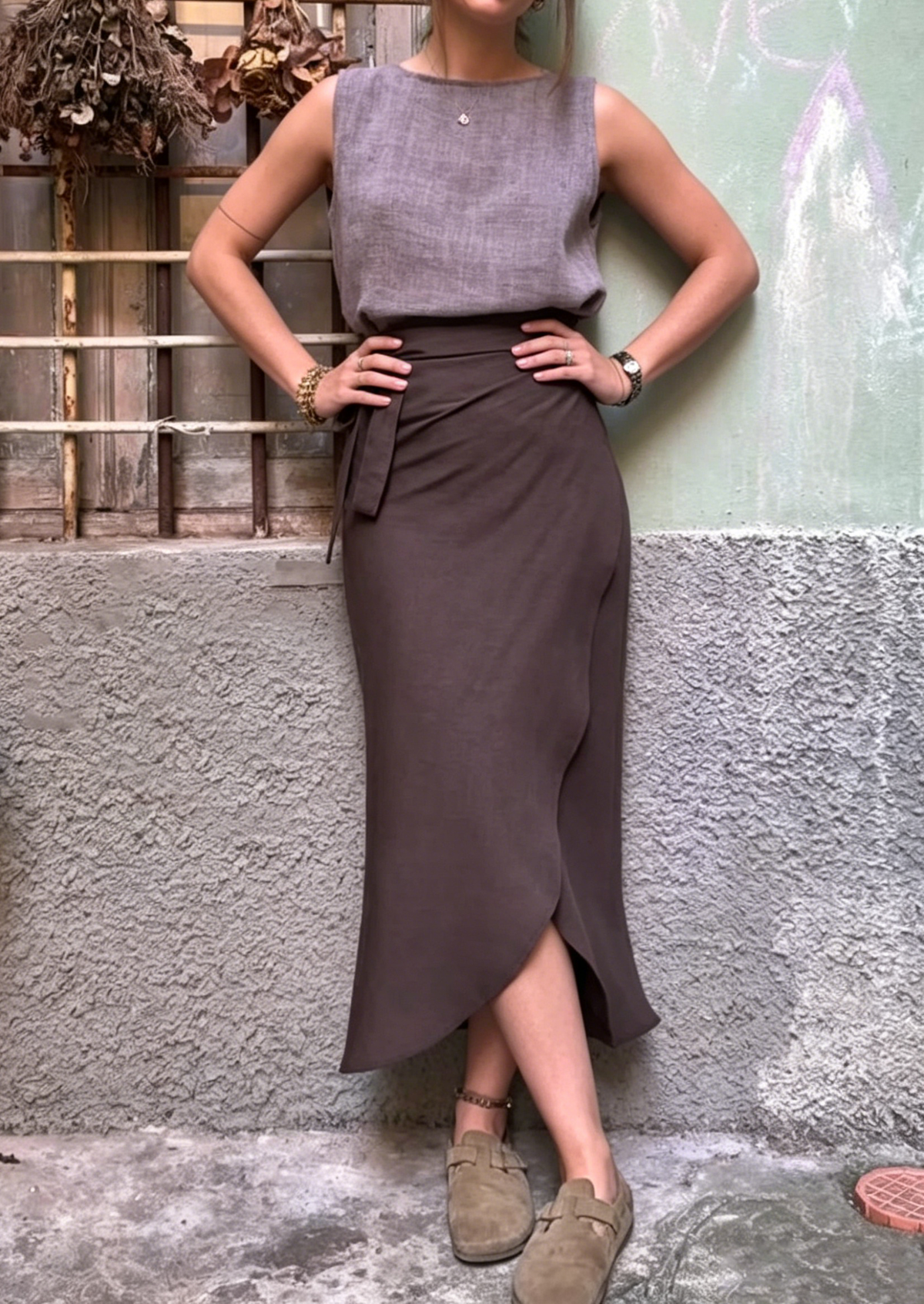 Elegant Mocha High-waisted Tie-waist Wrap Skirt