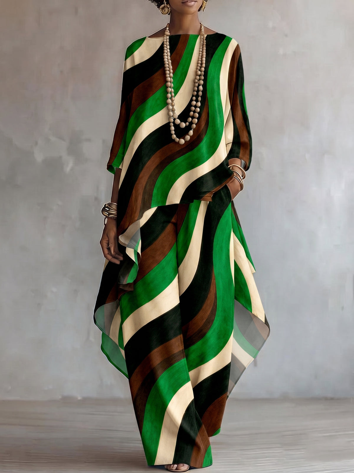 Women's Casual Two-piece Set With Flowing Abstract Line Art Print