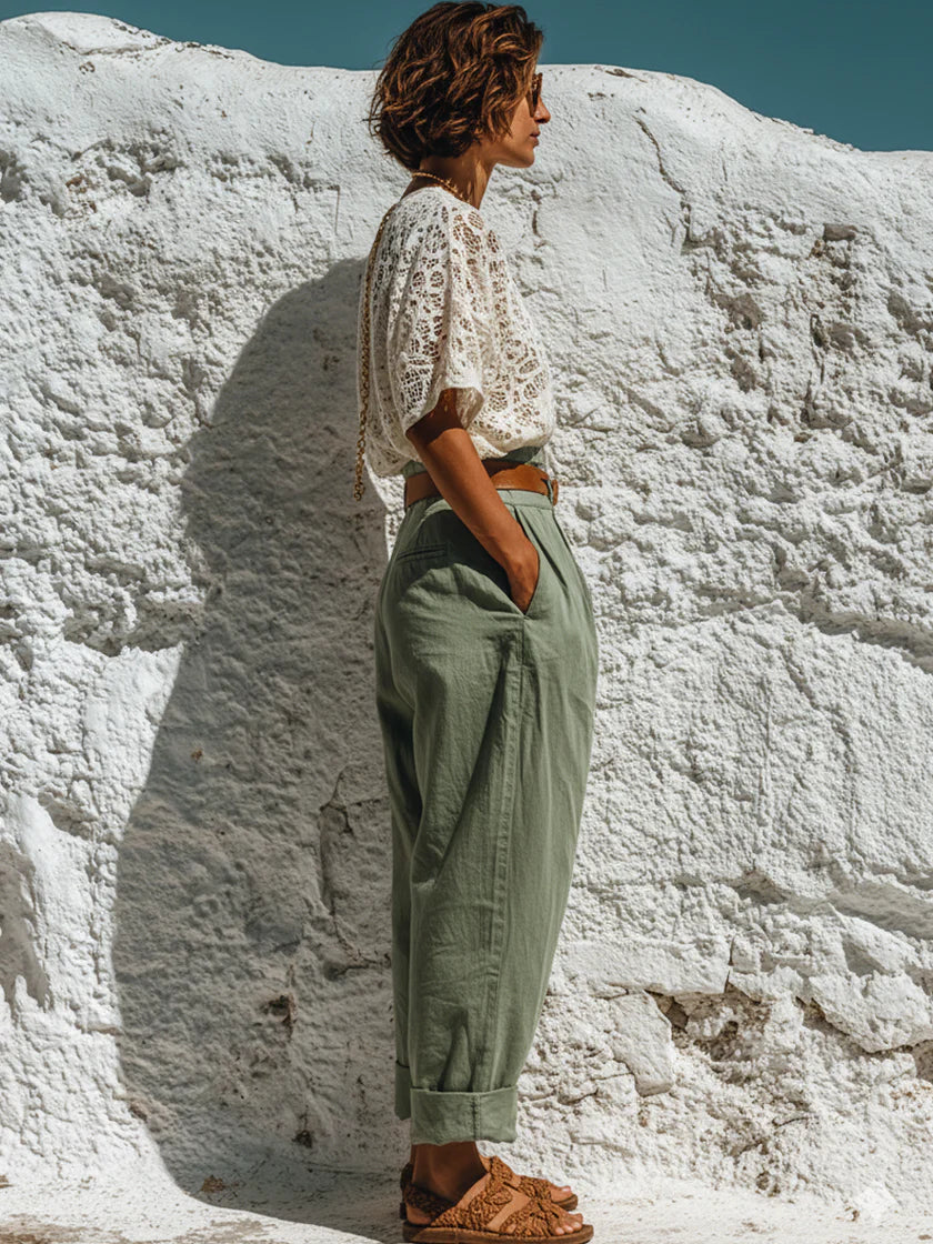Stylish Casual Two-piece Set: Lace Top And Linen-cotton Trousers
