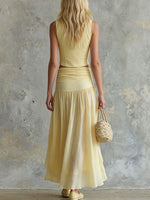 Women's Yellow Sleeveless V-neck Vest And Chiffon Skirt Set