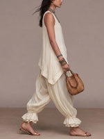 Women's Irregular Cut Sleeveless Top With Leopard Lantern Pants Set