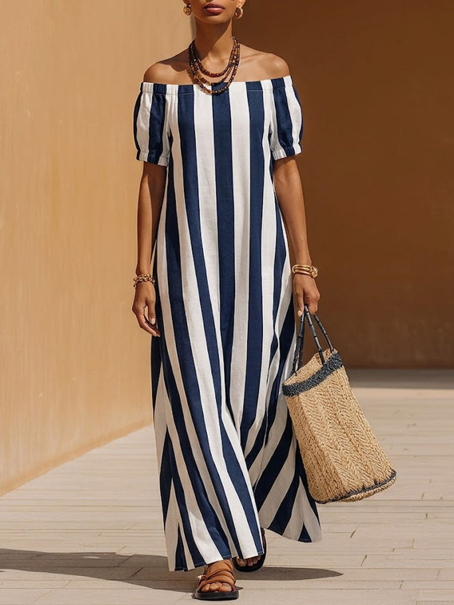 Women's Striped Print Off-shoulder Short-sleeve Casual Loose Cotton-linen Dress