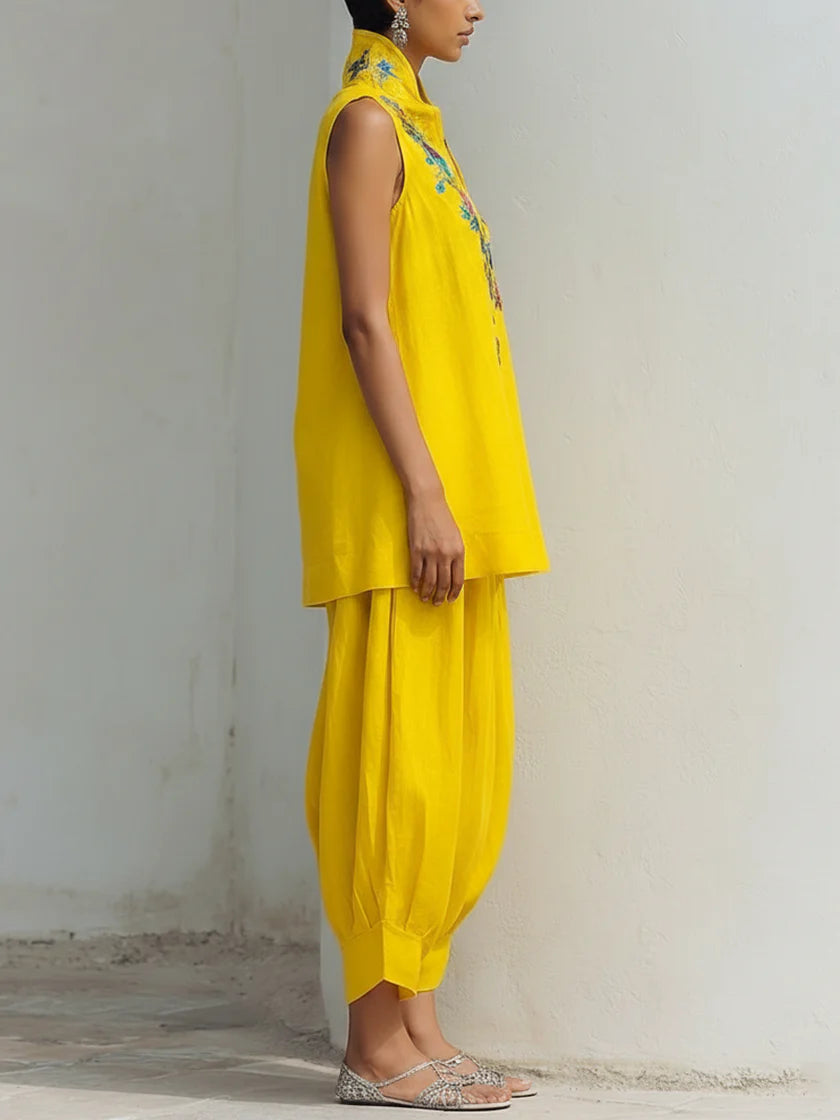 Casual Two-piece Set: Printed Linen And Cotton Top & Pants