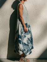 Botanical Print Sleeveless Linen-cotton Midi Dress