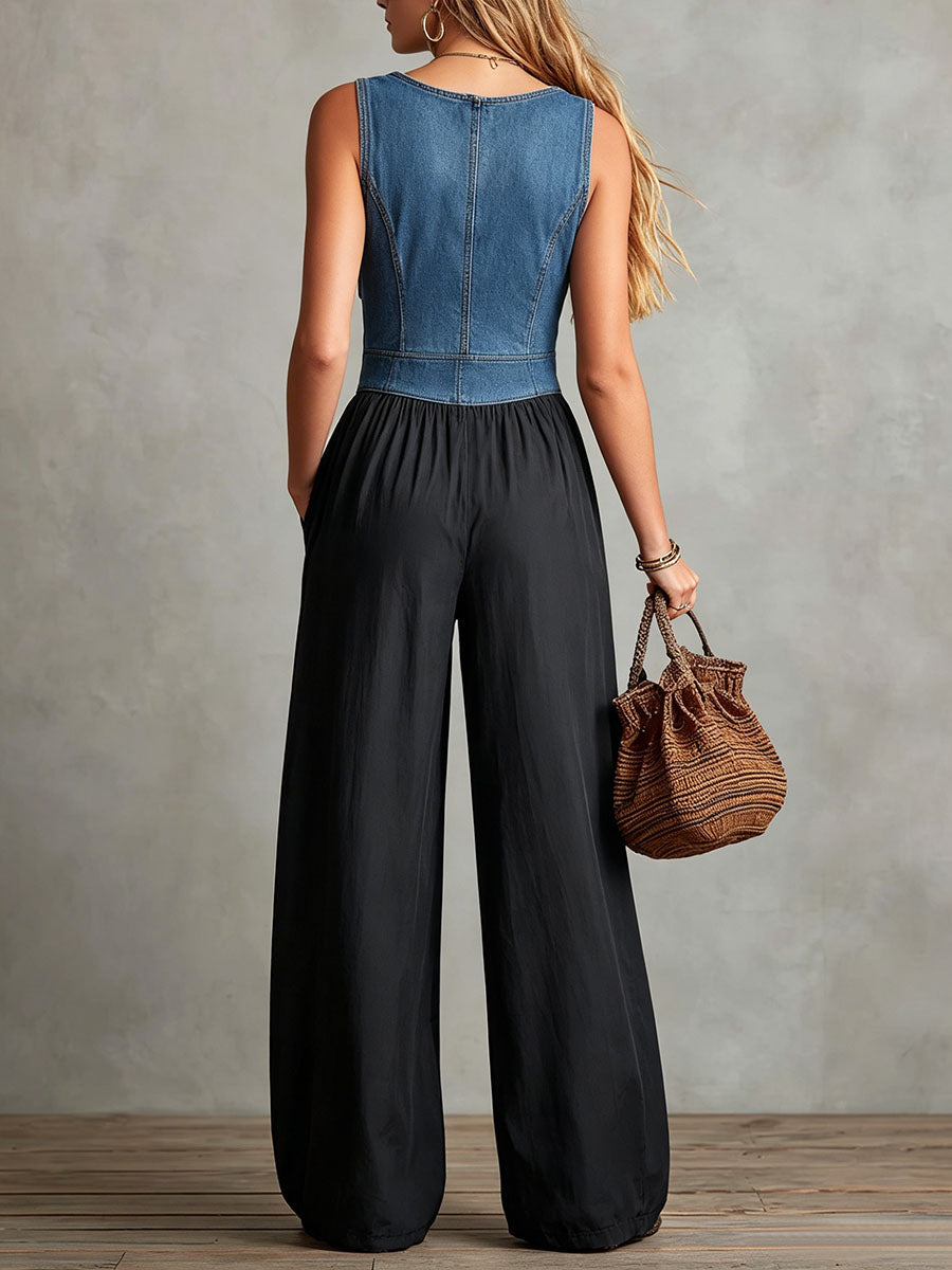 Women's V-neck Sleeveless Denim-paneled Cotton-linen Wide-leg Jumpsuit