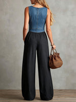 Women's V-neck Sleeveless Denim-paneled Cotton-linen Wide-leg Jumpsuit