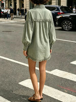 Oversized Frayed Trim Green Denim Mini Dress – Balloon Sleeve & Pocket Detail