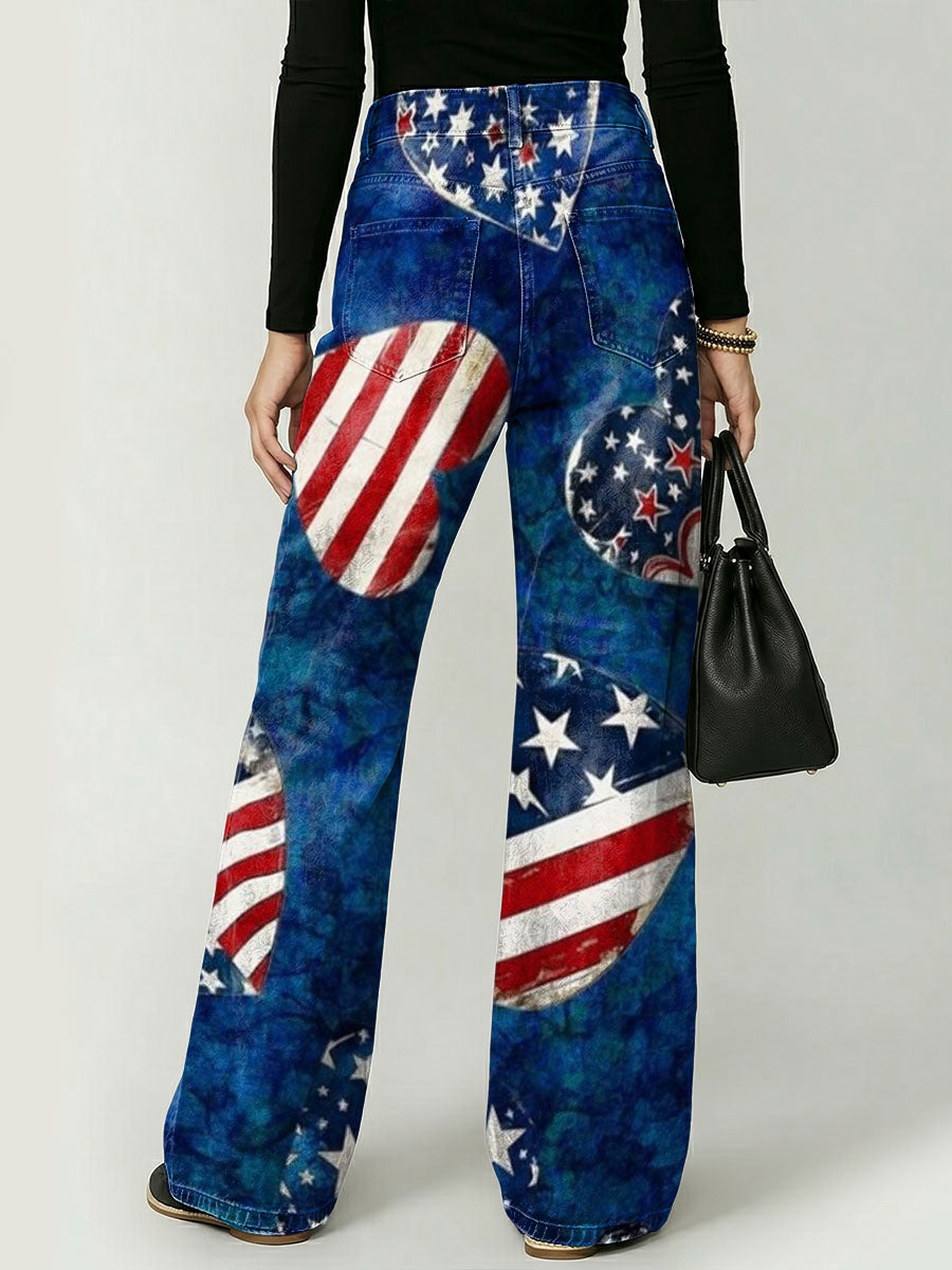 Women's American Independence Day Flag And Heart Decoration Patterns Cotton Denim Pants
