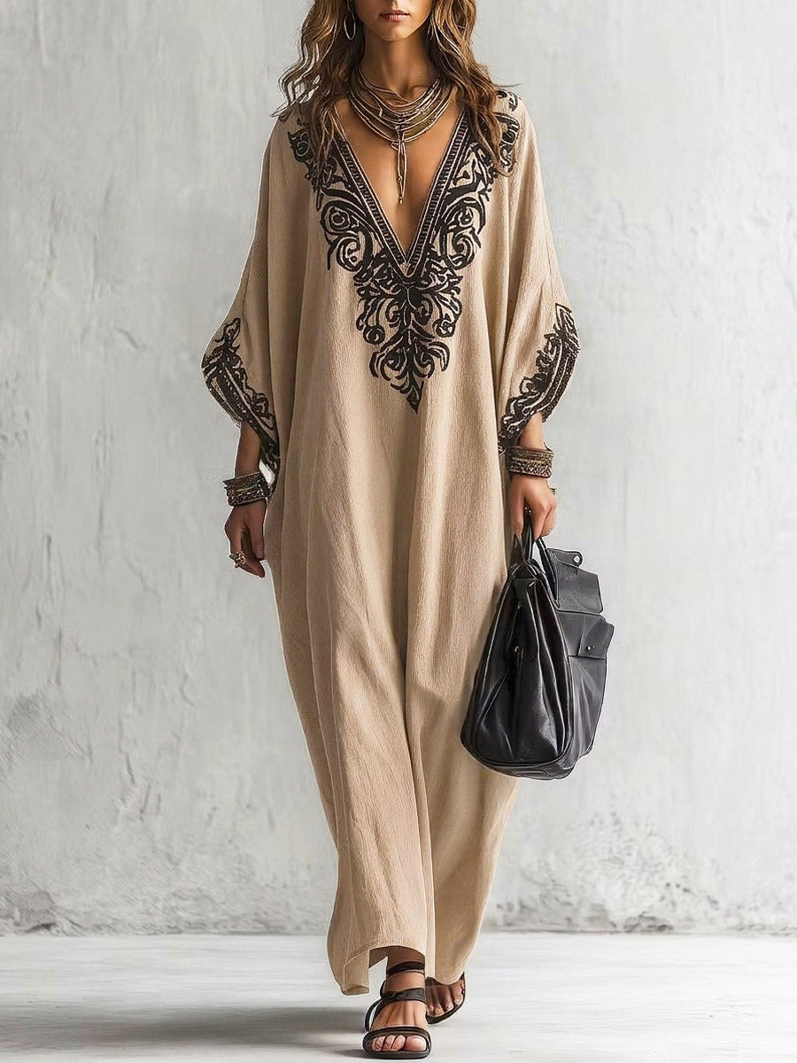Women's Ethnic Pattern Art Print Casual Cotton Linen Maxi Dress