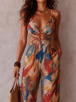 Watercolor Print Cut-out Ring Waist Jumpsuit
