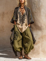 Completo boho casual a tre pezzi in lino e cotone, ampio