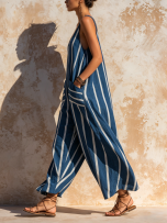 Stripe V-neck Sleeveless Cotton Lantern Jumpsuit