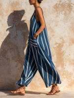 Stripe V-neck Sleeveless Cotton Lantern Jumpsuit