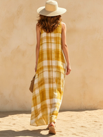 Plaid Sleeveless V-neck Loose A-line Cotton-linen Dress