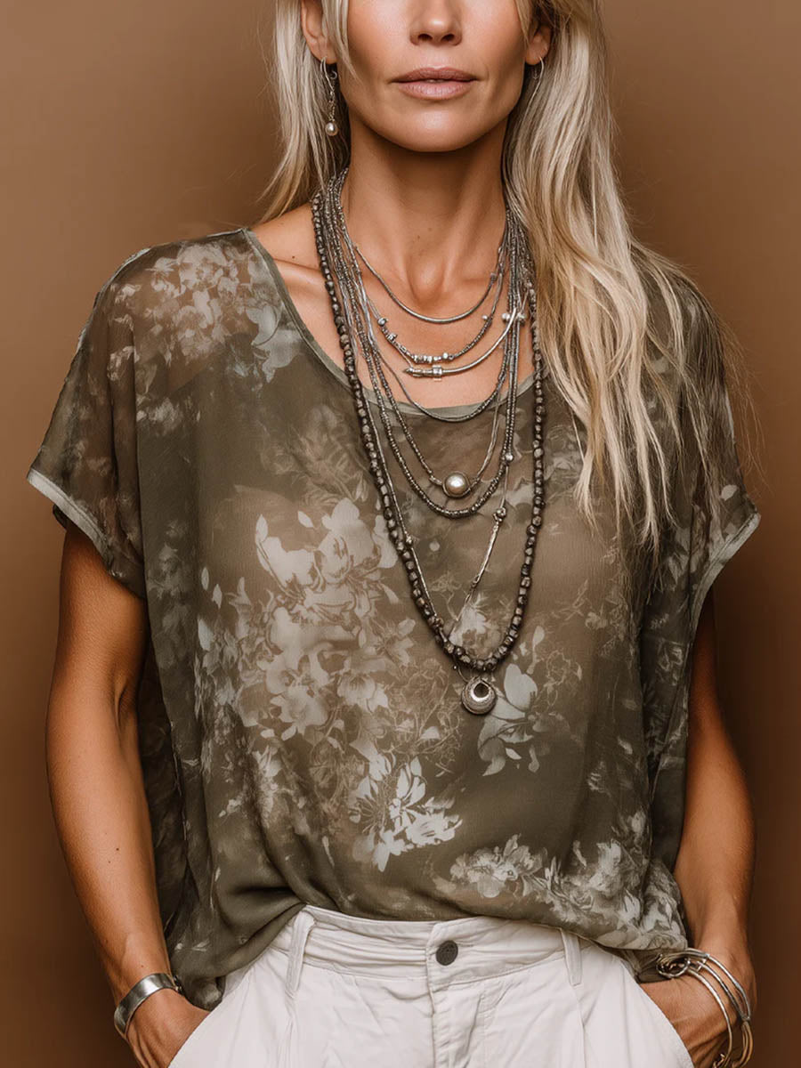 Women's Vintage-print Round-neck Short-sleeve Casual Loose Chiffon Top