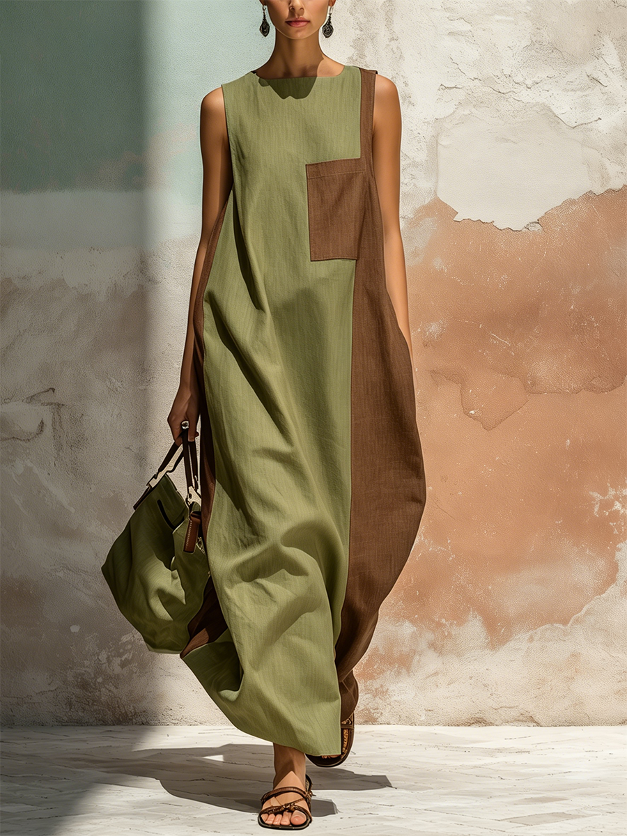 Color-blocked Sleeveless Linen-cotton Maxi Dress
