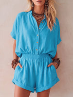 Coyz Minimalist Cotton-linen Polo-collar Short Jumpsuit