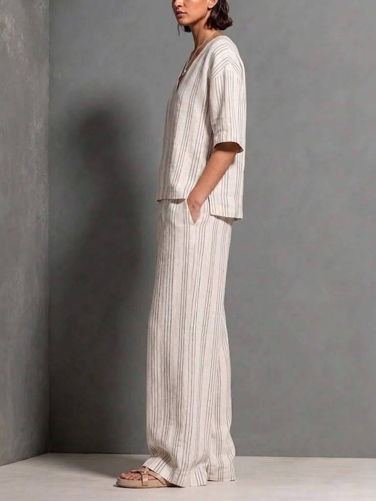 Women's Striped Cotton And Linen Casual Set