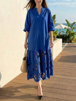 V-neck 3/4 Sleeve Cutwork Embroidered Cotton Midi Dress