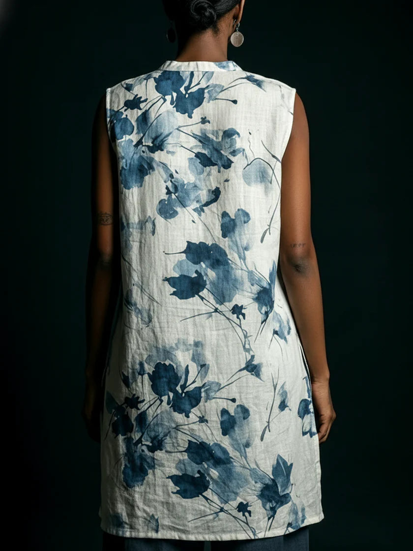 Casual Floral-print Linen And Cotton Sleeveless Shirt