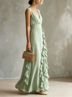 Women's Solid-color Pleated V-neck Dress