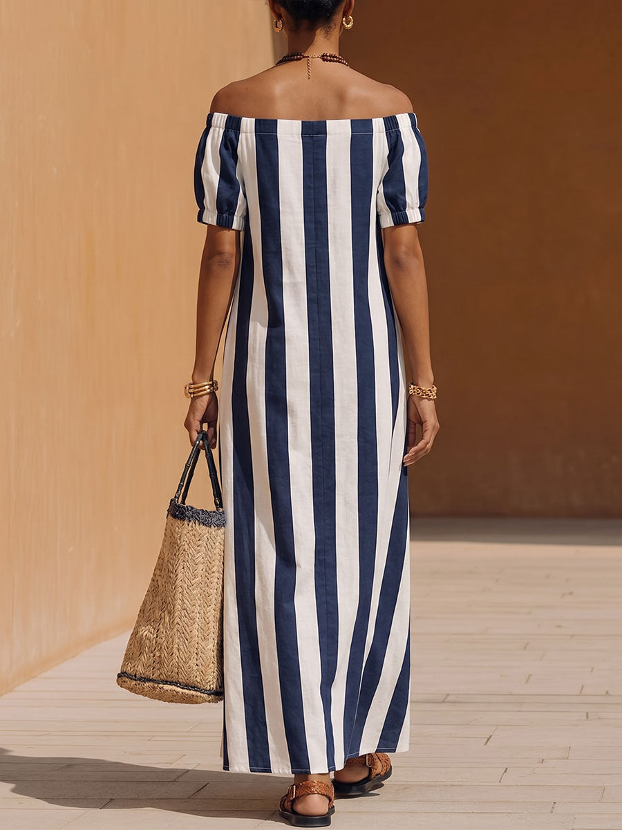Women's Striped Print Off-shoulder Short-sleeve Casual Loose Cotton-linen Dress