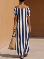 Women's Striped Print Off-shoulder Short-sleeve Casual Loose Cotton-linen Dress