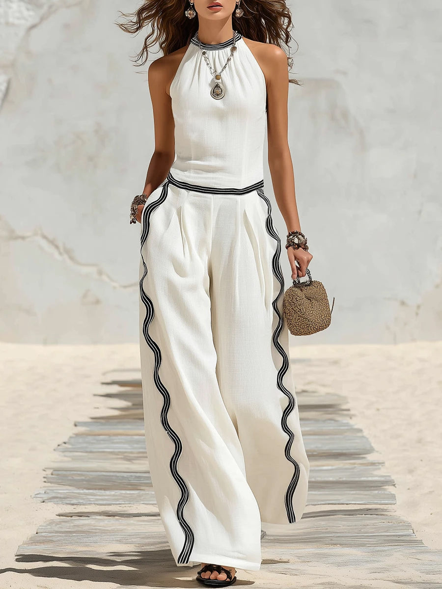Women's White And Black Wavy Striped Decorated Cotton-linen Two-piece Set