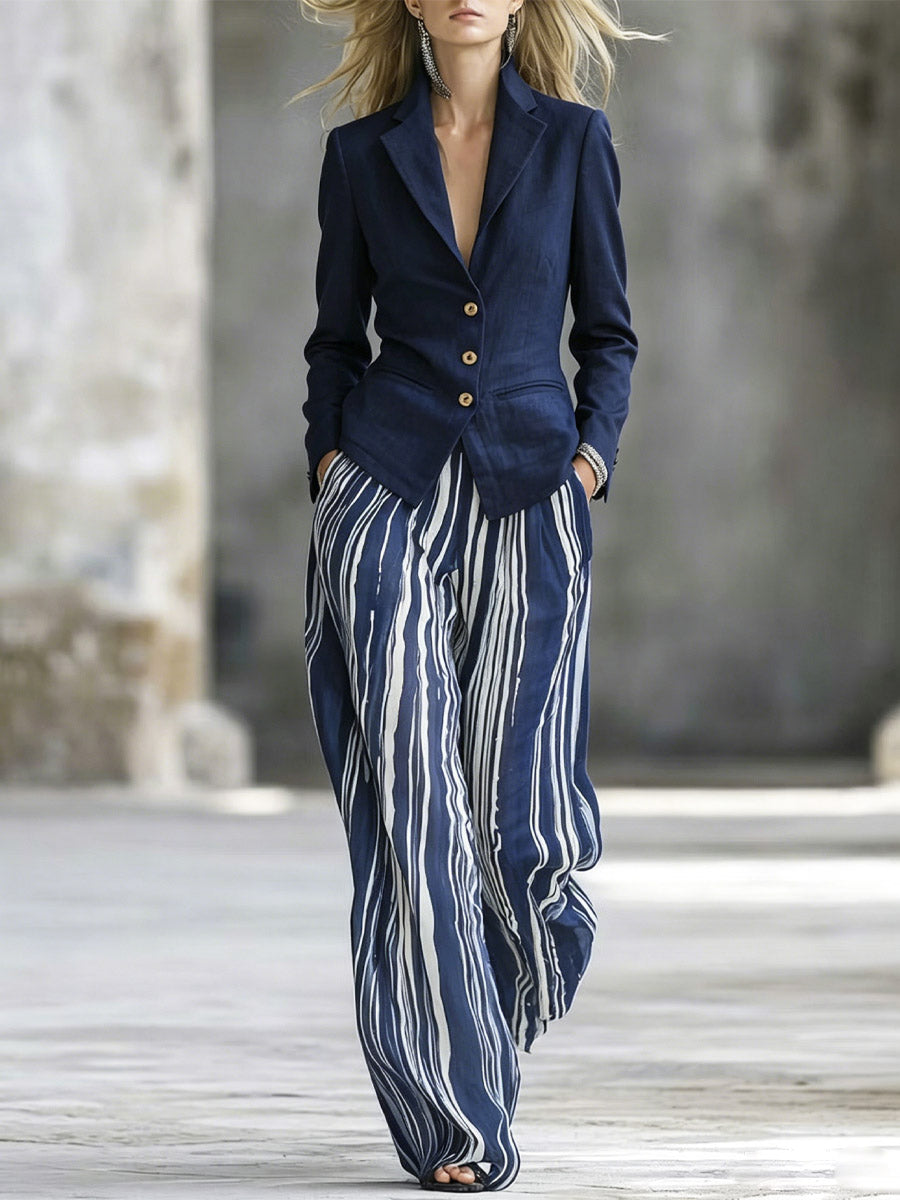 Women's Art Comfortable Casual Long Sleeve Top And Striped Pants Cotton Linen Two-piece Set