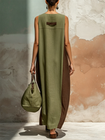 Color-blocked Sleeveless Linen-cotton Maxi Dress