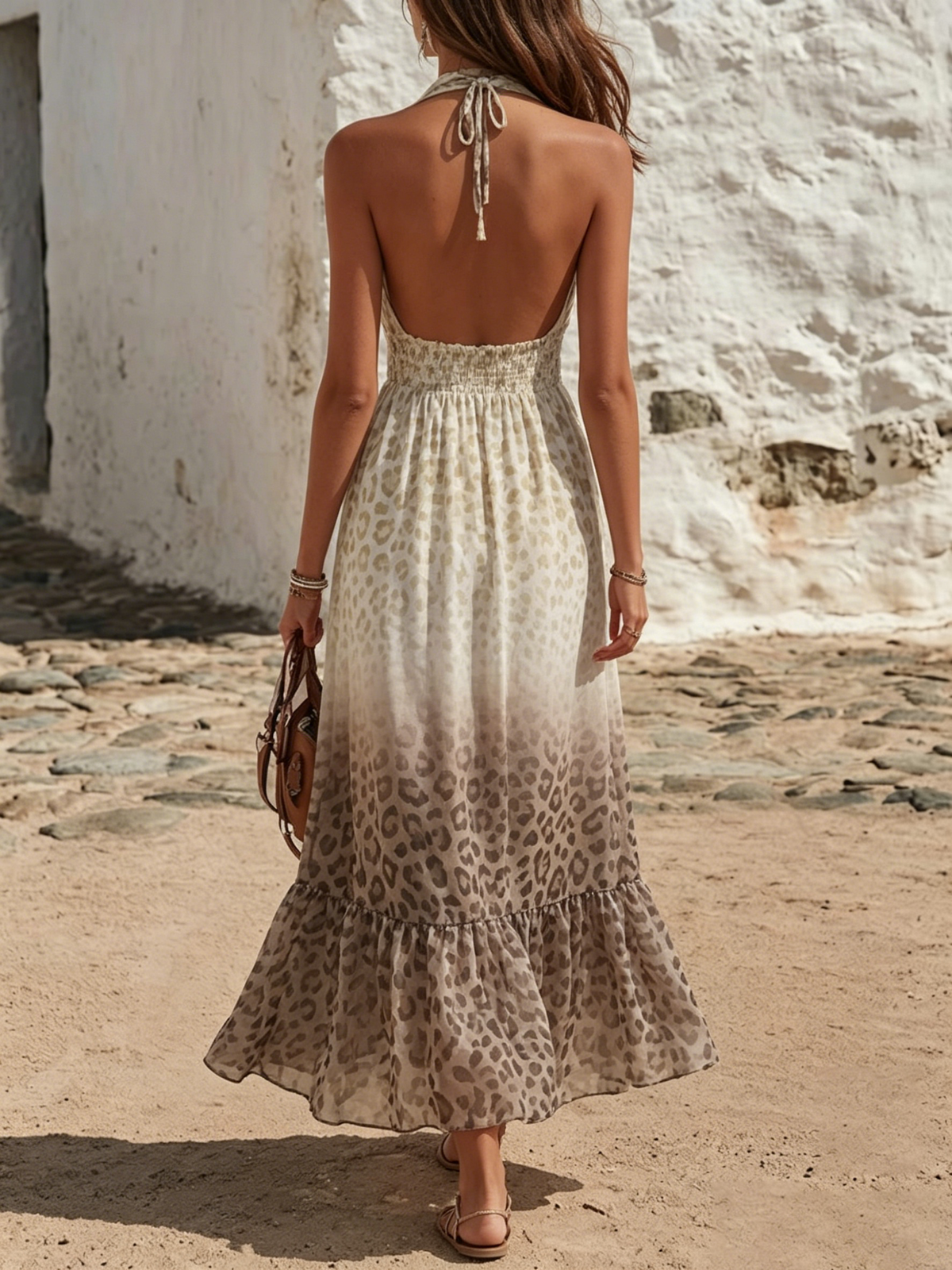Gradient Leopard Print Halter Deep V Smocked Waist Ruffle Hem Midi Dress