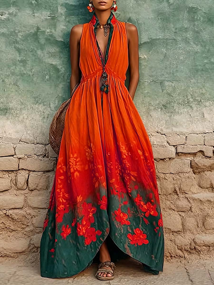 Women's Casual Loose Cotton-linen Dress With Placement Print Stand Collar And Sleeveless Design
