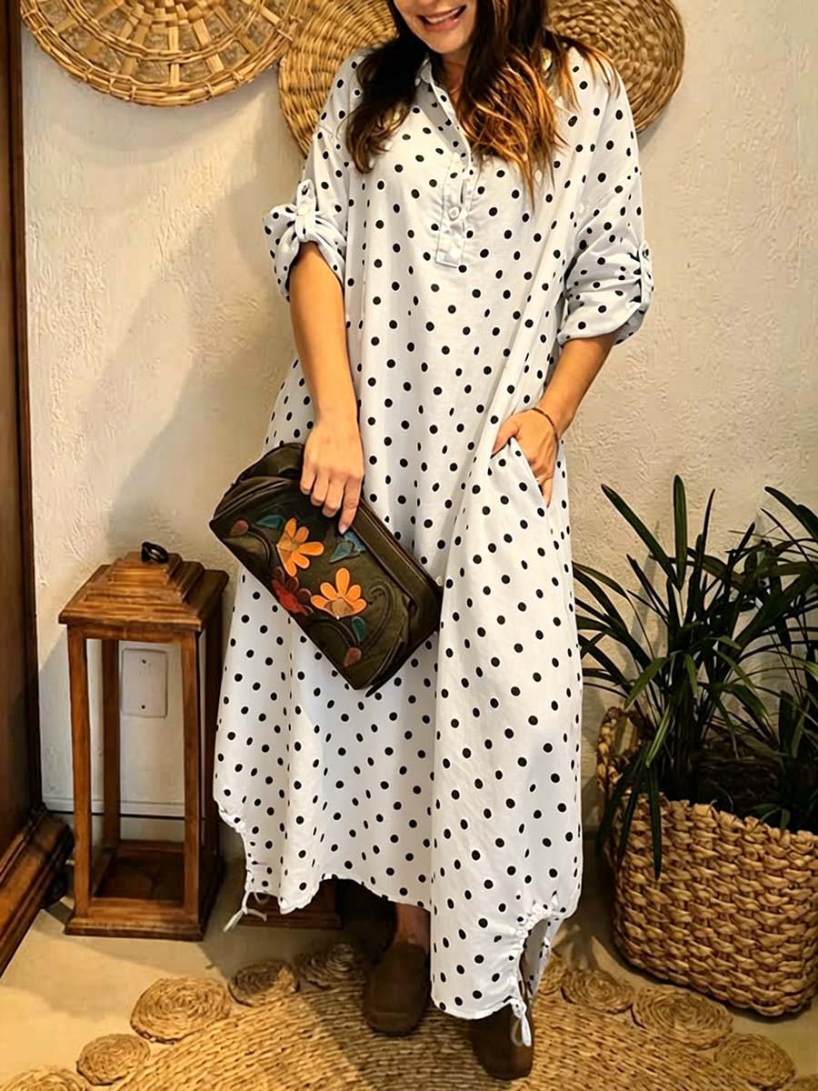 Women's Polka-dot Print Long-sleeve Casual Loose Cotton-linen Hoodie Dress