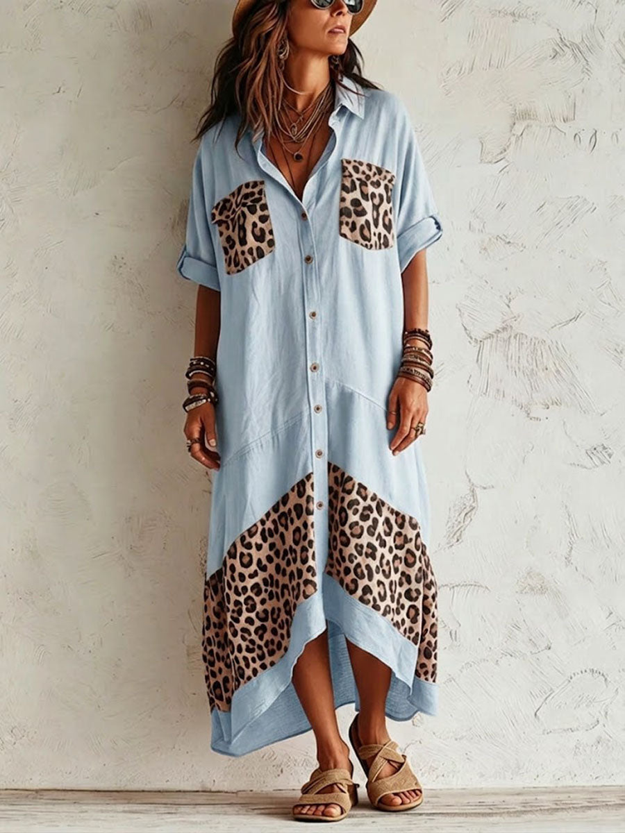 Women's Casual Loose Cotton-linen Dress With Lapel 3/4 Sleeves And Leopard Print Splicing