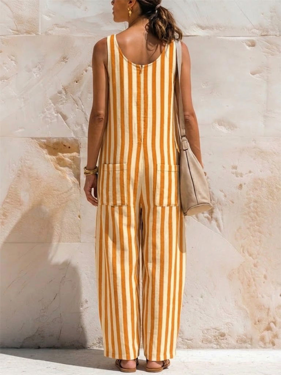 Vertical-striped V-neck Sleeveless Cotton Jumpsuit With Large Patch Pockets And A Loose Fit.