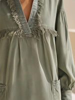 Oversized Frayed Trim Green Denim Mini Dress – Balloon Sleeve & Pocket Detail