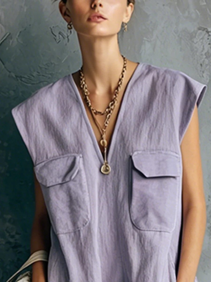 Casual Sleeveless Cotton Dress With Cargo Pockets